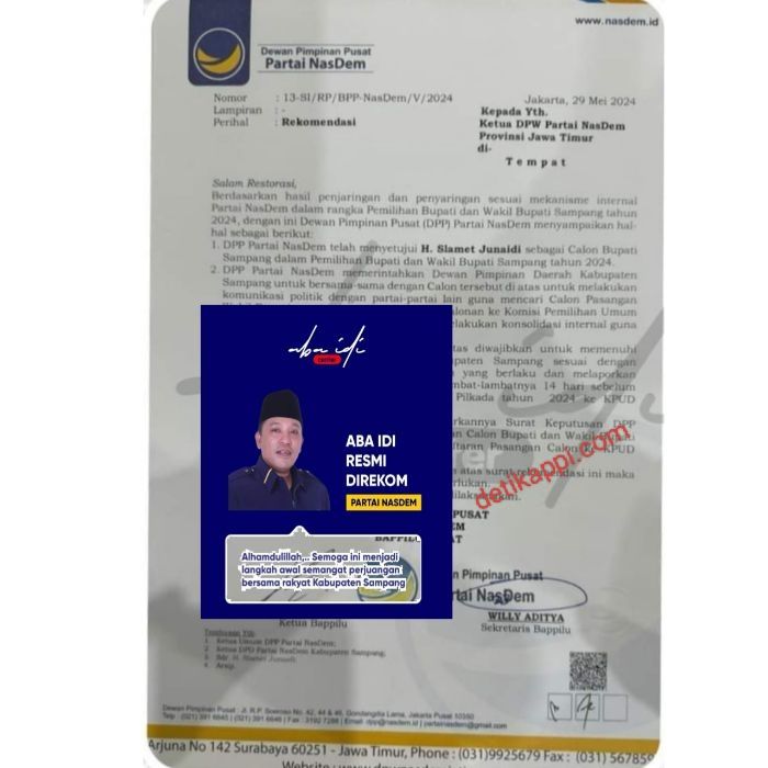 Resmi, H Slamet Junaidi Dapat Rekom Dari NasDem untuk Nyalon Bupati di Pilkada Sampang 2024
