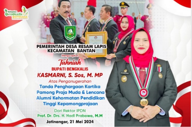 Bupati Bengkalis Kasmarni.S.sos.Mmp Raih Penghargaan, Kartika Pamong Praja Muda.