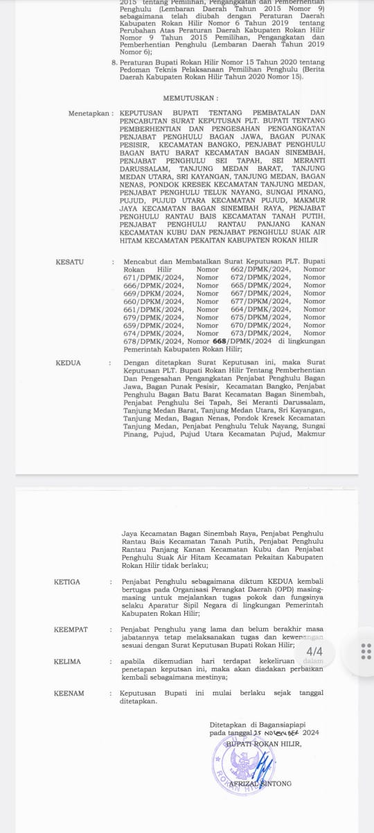 Bupati Rokan Hilir Cabut SK Pengangkatan Penjabat Penghulu di Beberapa Kepenghuluan, Kaitan Dengan pelanggaran KPPS?