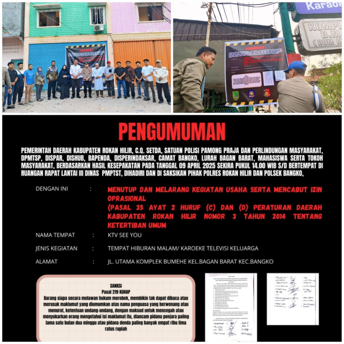 Pemkab Rokan Hilir Segel Tempat Hiburan Malam ‘KTV See You’, Respons atas Keresahan Masyarakat