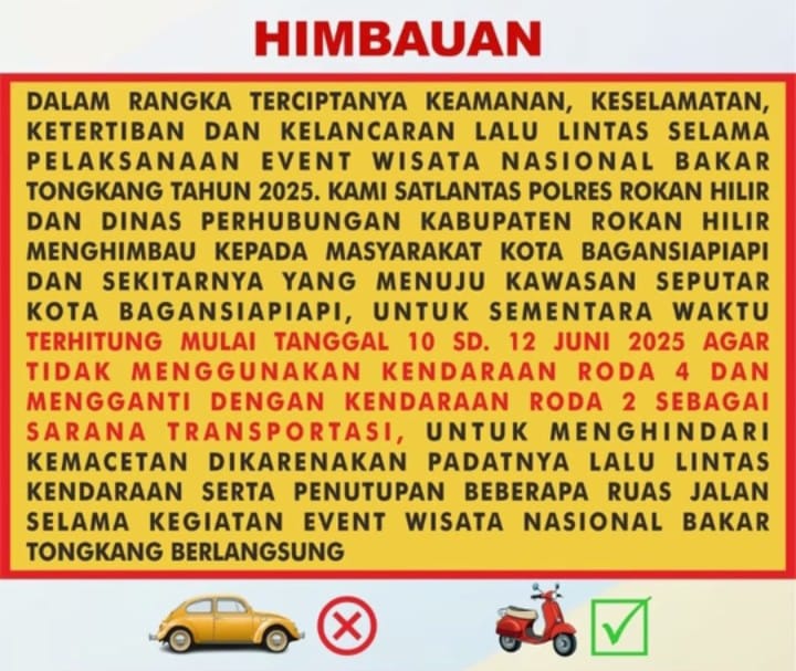 Pemkab Rokan Hilir Imbau Warga Gunakan Kendaraan Roda Dua Saat Event Bakar Tongkang 2025