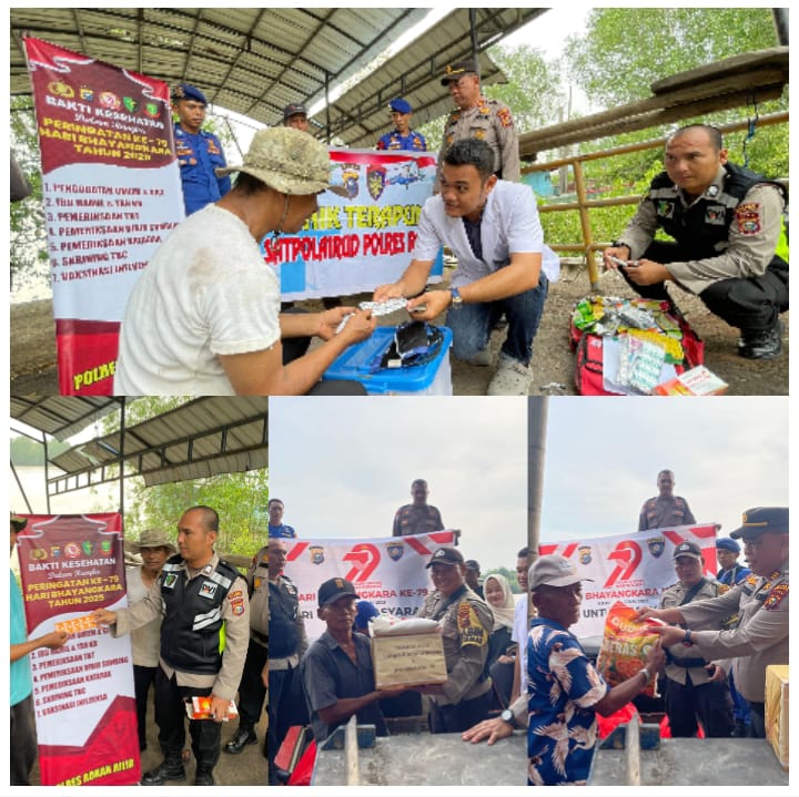 Polres Rohil Gelar Program Sembako dan Bakti Kesehatan di Pesisir Pantai Sambut HUT Bhayangkara ke-79