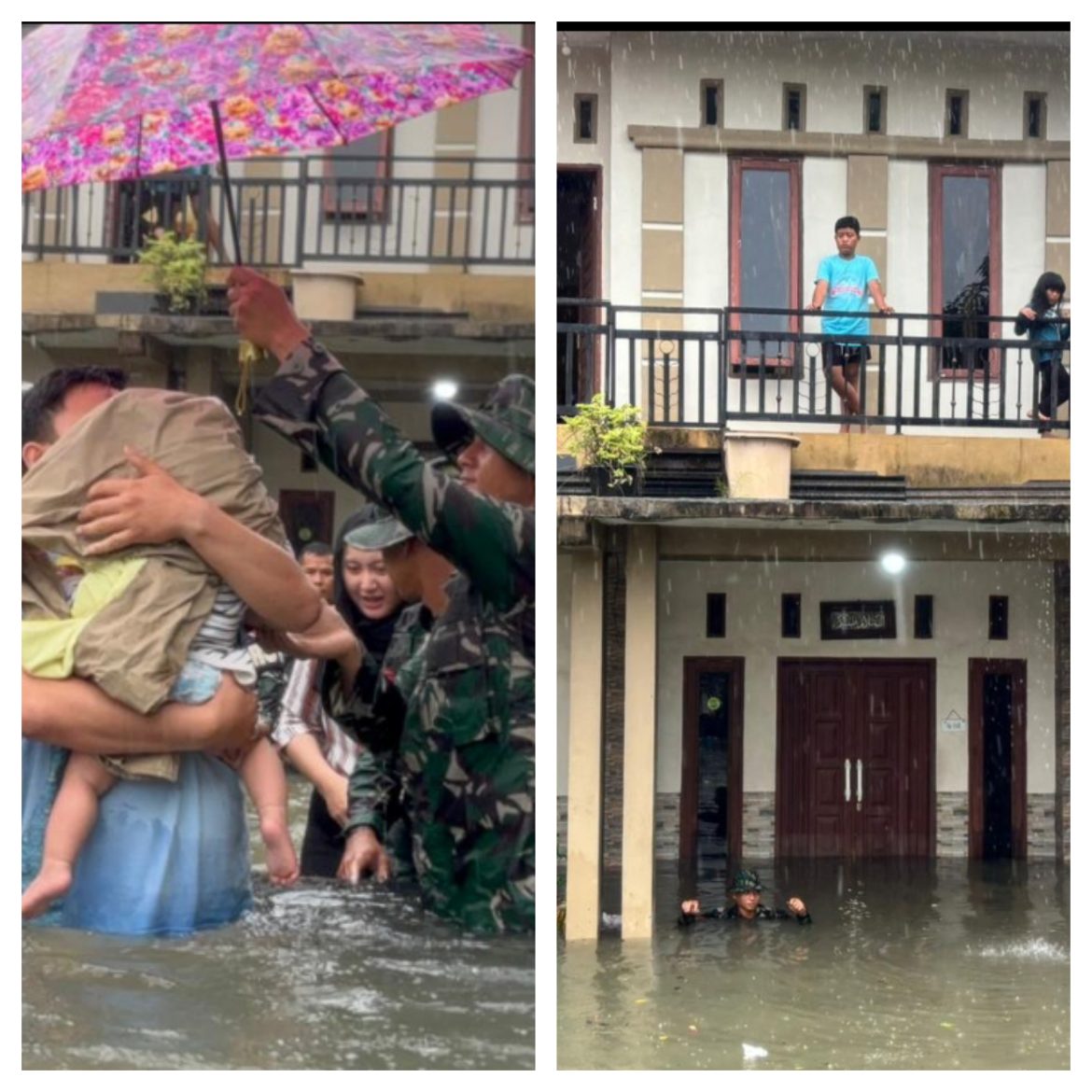 Prajurit Yonkav 6/NK Bantu Warga Terjebak Banjir di Asam Kumbang 