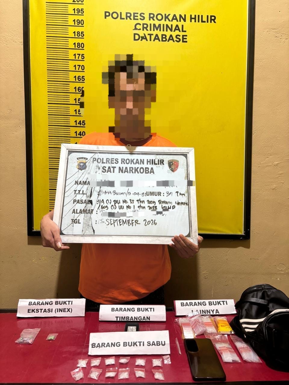 Polisi Tangkap Pria di Gubuk, Sita Sabu 15,15 Gram dan Ekstasi 5,79 Gram di Rohil